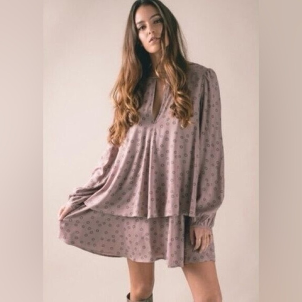 Free People Mauve Taupe Beck Mini Tunic Dress, Sz S